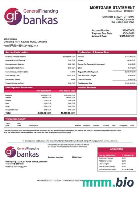 Litwa UAB GF bankas wyciąg z kredytu hipotecznego szablon Word i PDF
